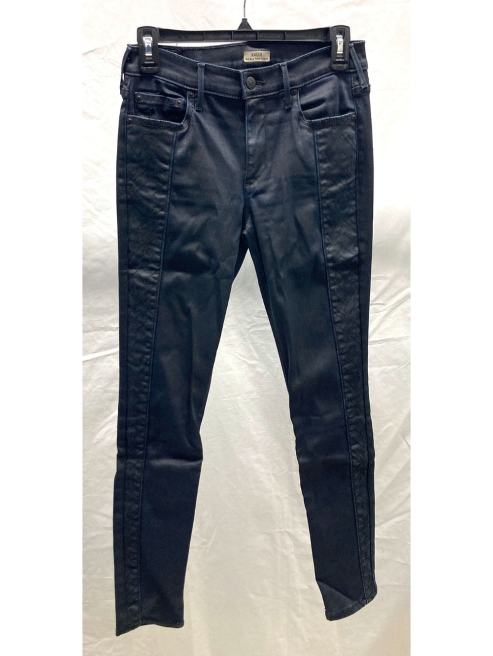 True Religion Halle Super Skinny Coated Midnight Quilted Trim Jeans 28